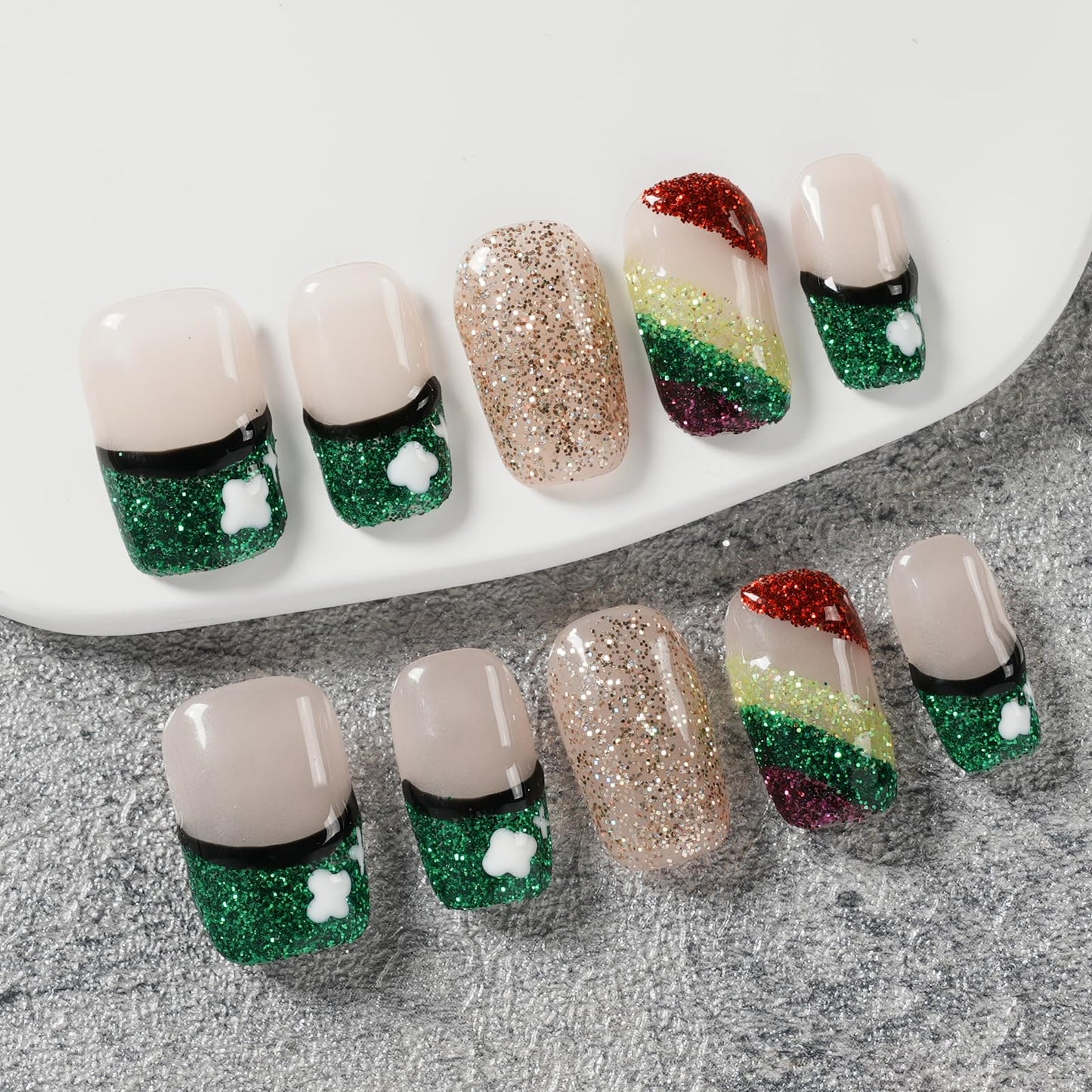 Tesytto Medium Square Press On Nails, Nude with Green Glitter French Tips and Hand-Painted White Clover, Rainbow Glitter Gradient Thick Acrylic Nails (Size S)