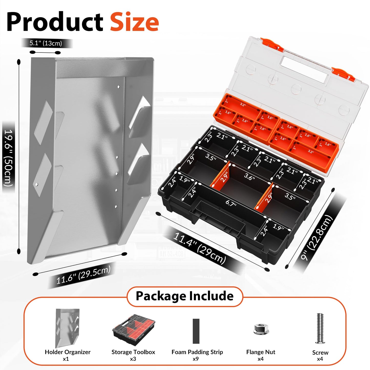 AIYOTAR Hanging Tote Kit for Van Shelving Storage, Work Van Organizers and Storage Boxes, 3 Small Parts Tool Box Organizer 63 Compartments and 1 Metal Hanging Organizer Holder, Van Shelf Accessories