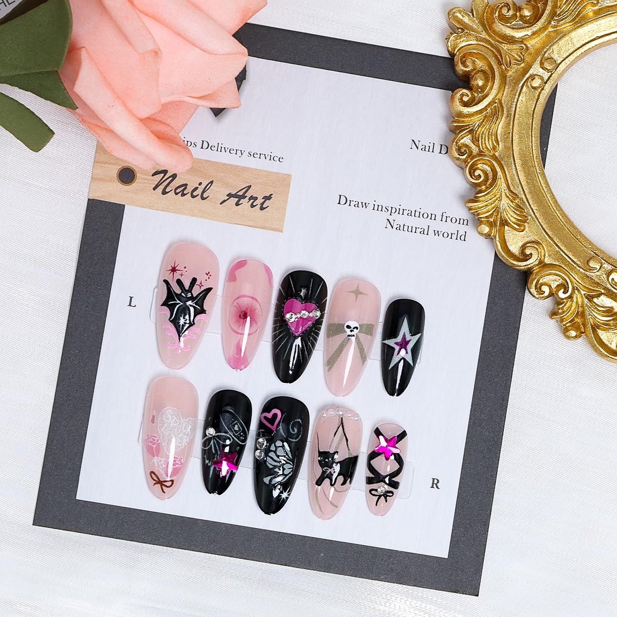 24Pcs Halloween Press on Nails Almond Medium Fake Nails Y2k Bat Cat Heart Star Rhinestone Design Gothic Acrylic Nails Black Pink Glue on Nails Bow False Nails Halloween Artificial Nails for Women