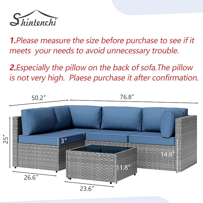 Shintenchi 5 Pieces Outdoor Patio Sectional Sofa Couch, Silver Gray PE Wicker Furniture Conversation Sets with Washable Cushions & Glass Coffee Table for Garden, Poolside, Backyard (Aegean Blue)