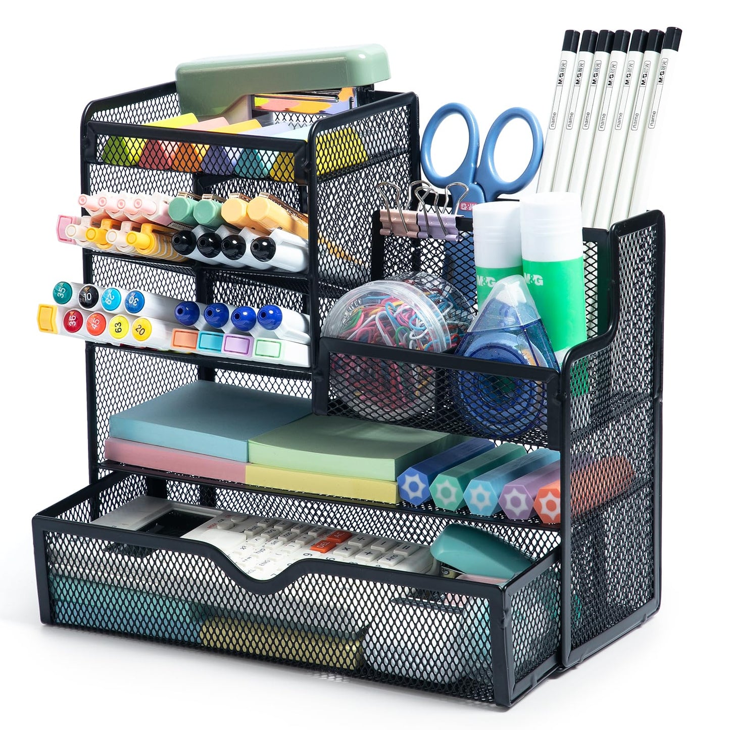 M&G Mesh Pen Holder for Desk, Multi-Functional Pencil Holder with Drawer Desk Organizer, Large Capacity Office Desk organizers and Accessories (Black)