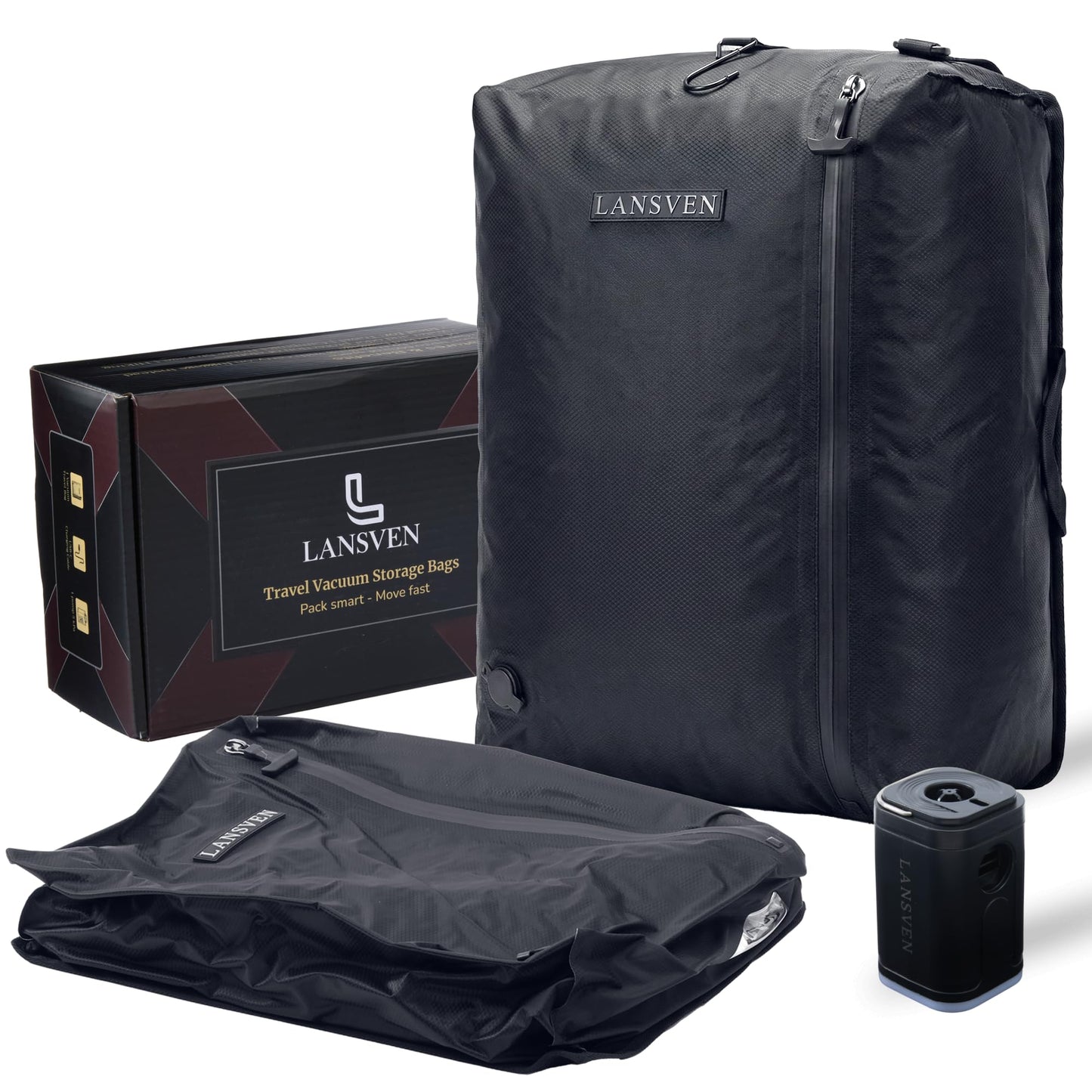 LANSVEN Cordless travel vacuum bag set - Reusable Nylon Compression Bags + Rechargeable Pump - Save 60% Space - Maximize Storage - Vacuum seal bags for clothing travel - for Carry-On & Suitcase