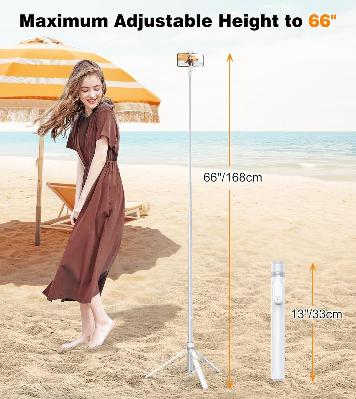 TONEOF 66" Automatic Phone Tripod with Magnetic Rechargable Remote,Selfie Stick 360° Vertical & Horizontal Rotatable,Stable for iPhone/Android((White)
