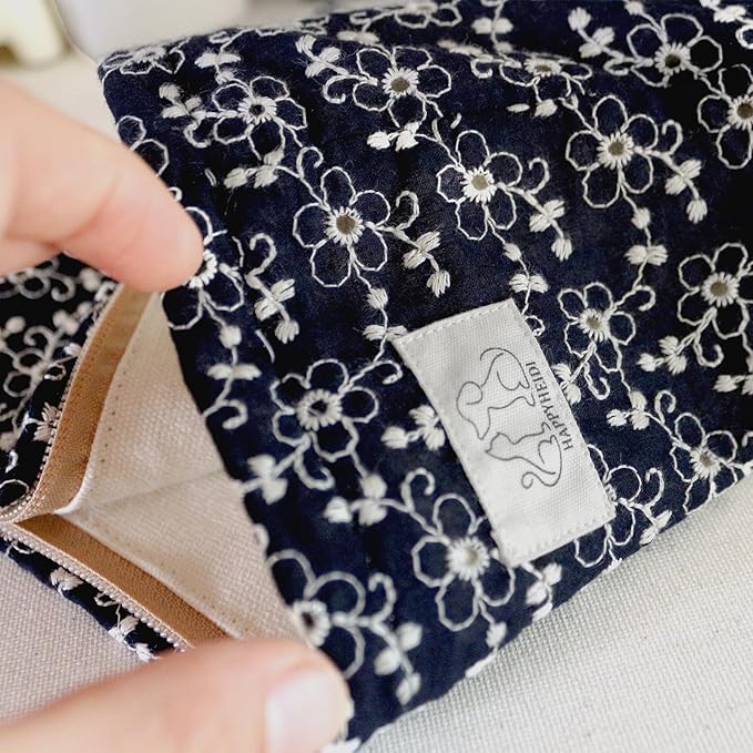 HAPPYHEIDI Soft Embroidered Floral Makeup Bag Cosmetic Travel Pouch, Canvas Lined, Make Up Purse Organizer,Cute Black