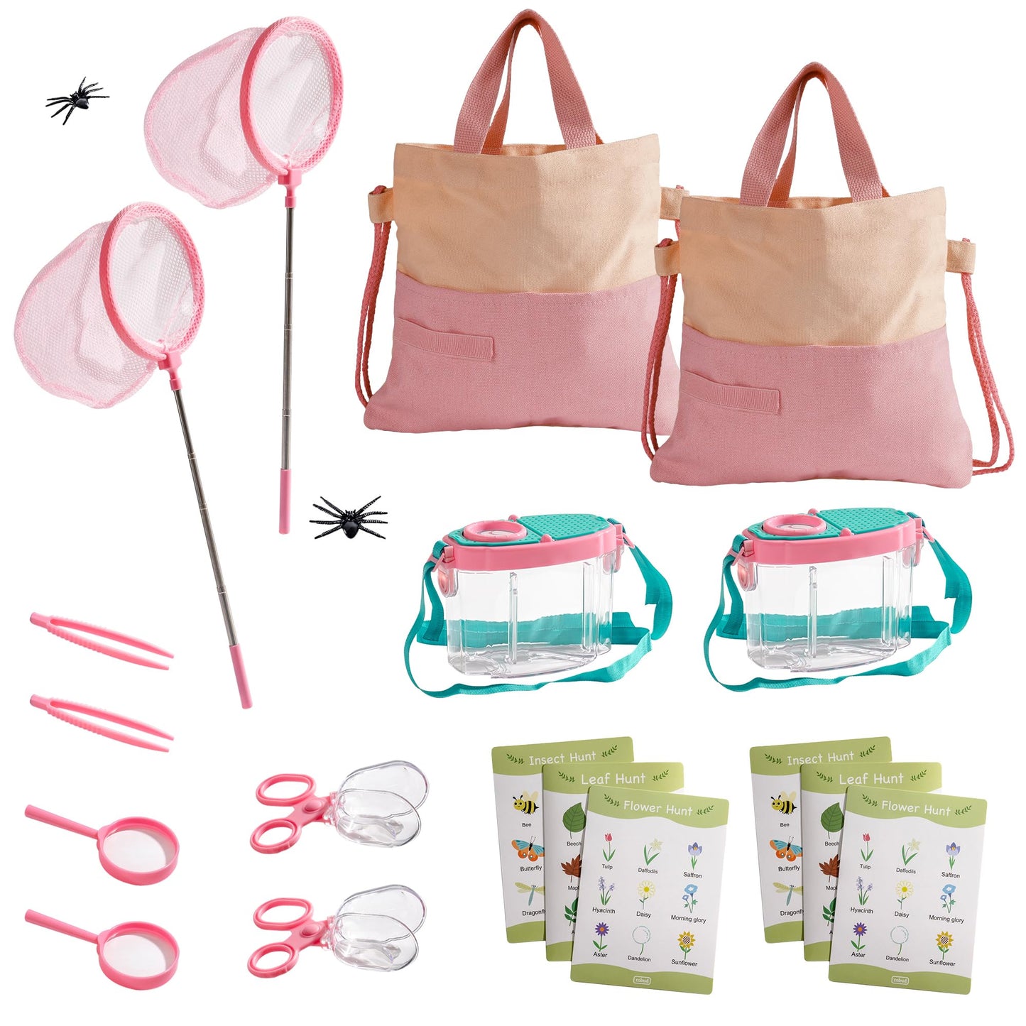 ROBOTIME 2-Person Bug Catcher Kit for Kids - Complete Pink Outdoor Explorer Set with Double Tools for Siblings & Friends (Ages 3+)