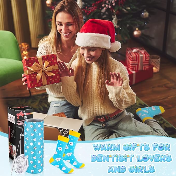 Umigy 2 Pcs Dental Assistant Gifts 2025 Dental Hygienist Appreciation Gifts 20 oz Teeth Print Tumbler with Lid and Sock for Women for Nurse Week Appreciation Dentist Christmas Birthday(Blue)
