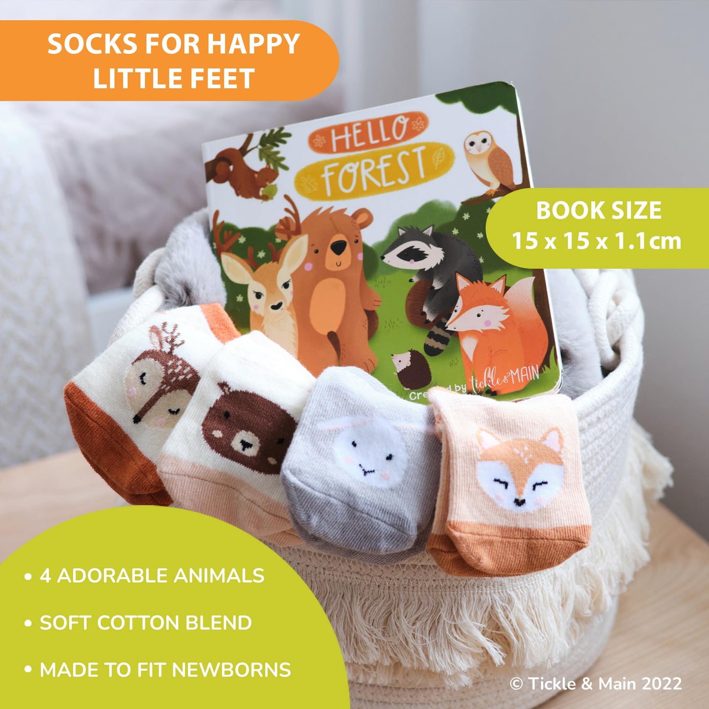 Tickle & Main Registry Gift Set - 5 Pieces, Forest Friends, 0-12 Months - Baby Socks Newborn & Hello Forest Board Book - Newborn Set, Gender Neutral