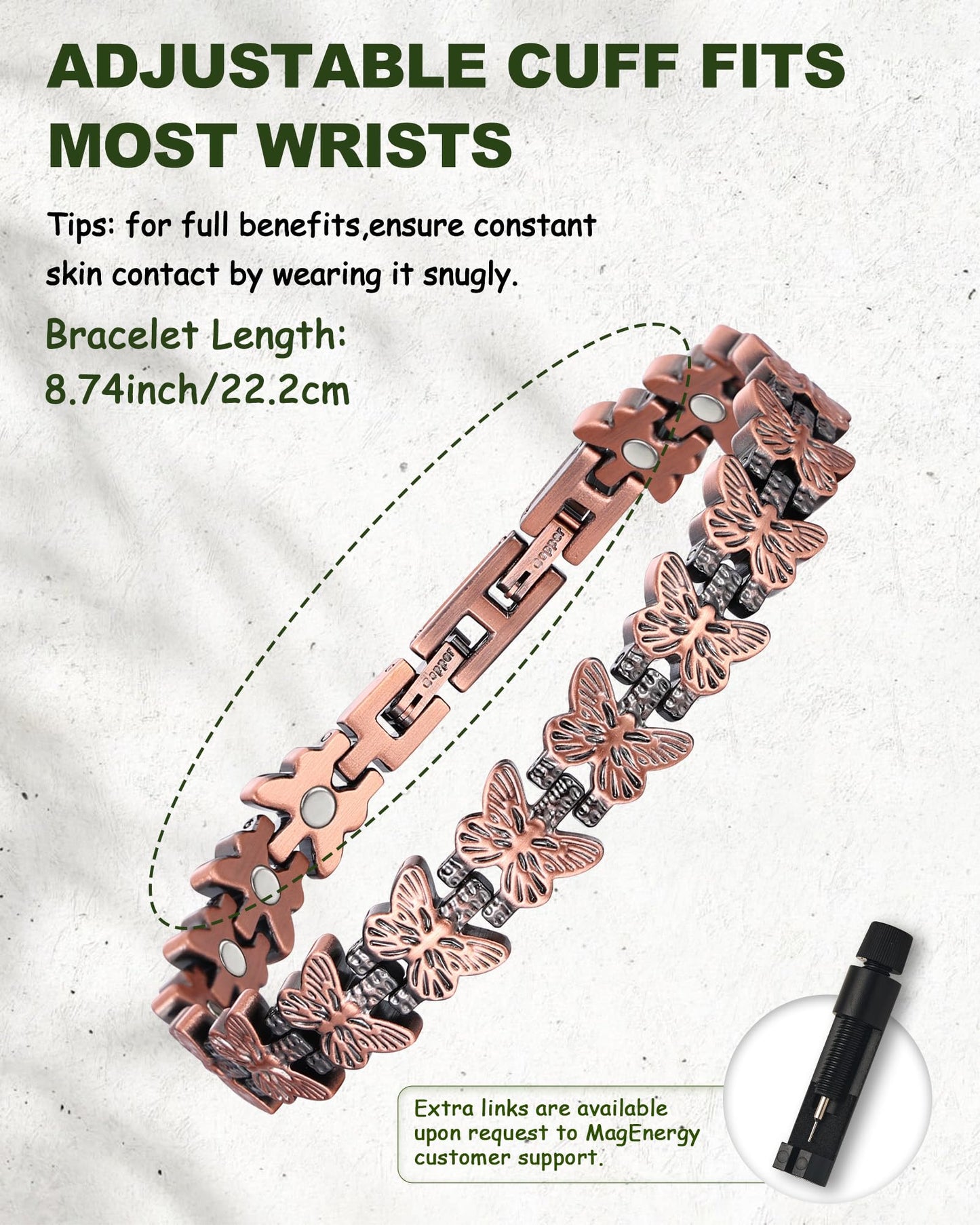 MagEnergy Copper Bracelet for Women, 99.99% Pure Solid Copper Bracelet with 3500 Gauss Magnetic, Adjustable, Jewelry Gift (Copper-Butterfly+Ring/A)