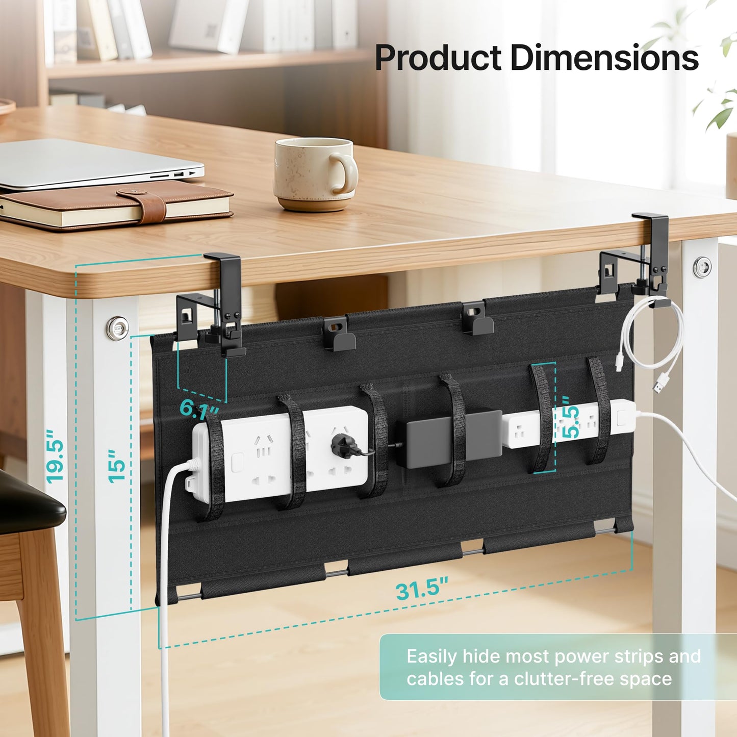 PEGZONE No Drill Under Desk Cable Management Tray, 31.5" Cord Management Under Desk for Table, Clamp Mount Desk Cable Management, Premium Fabric Wire Management Tray for Office, Home