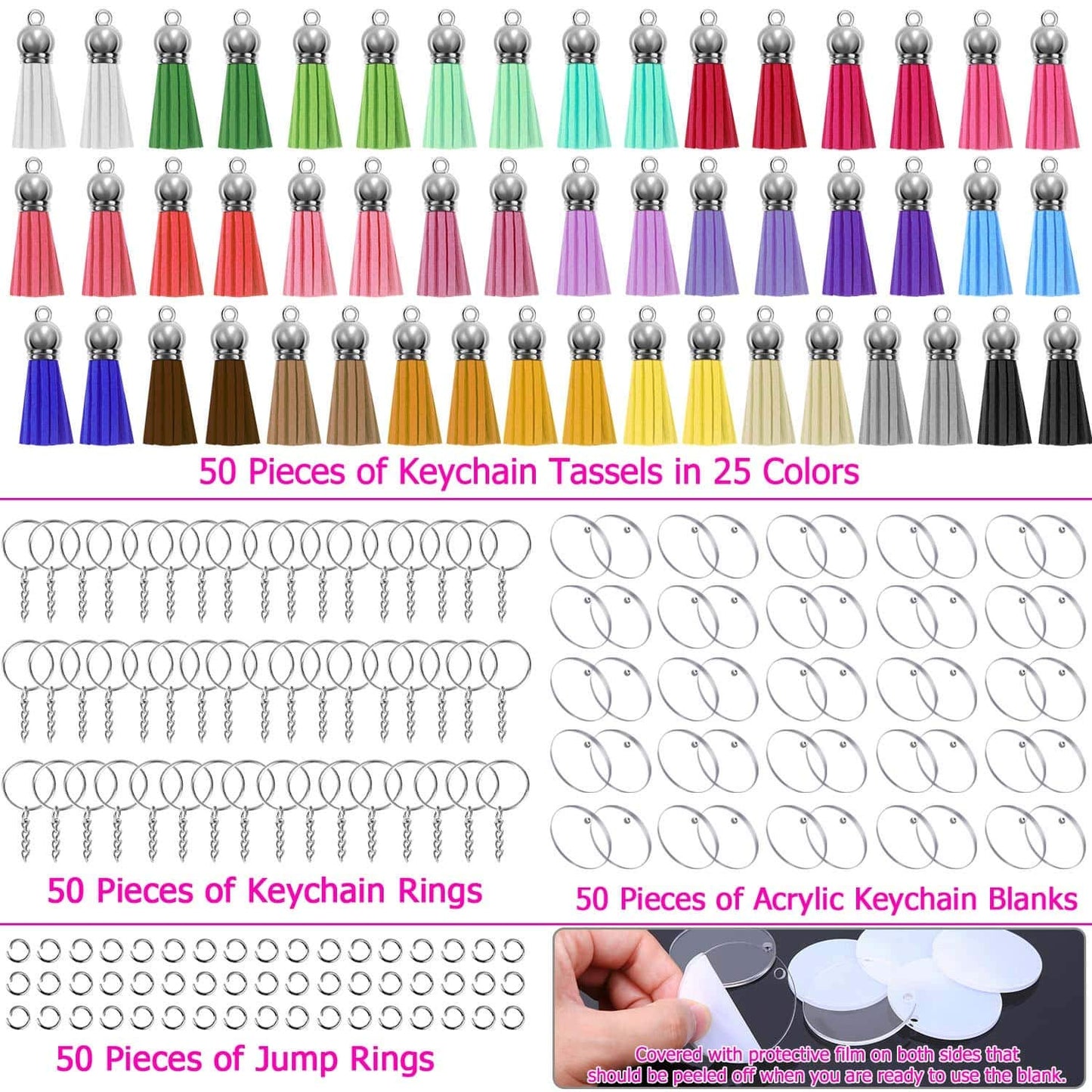 shynek Acrylic Blank Keychains, 200 Pcs Clear Keychain Blanks for Vinyl with 50 Pcs Acrylic Blanks, 50 Pcs Keychain Tassels, 50 Pcs Key Rings with Chain and 50 Pcs Jump Rings…