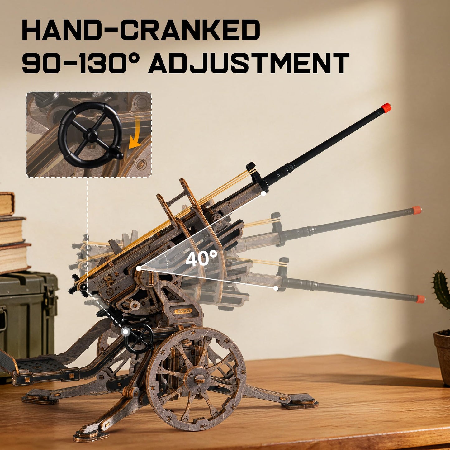 ROKR Anti-Aircraft Gun 3D Wood Puzzle for Adults - Mechanical Rubber Band Shooting Model Kit, DIY Building Set for Teens and Hobbyists, Desktop Decor