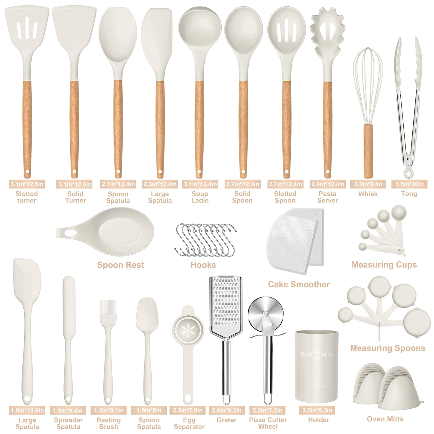 Silicone Cooking Utensils Set, 43Pcs Non-Stick Heat Resistant Kitchen Utensils Spatula Set with Wooden Handle for Baking, Cooking, and Mixing, Best Kitchen Gadgets Tools with Holder (White)