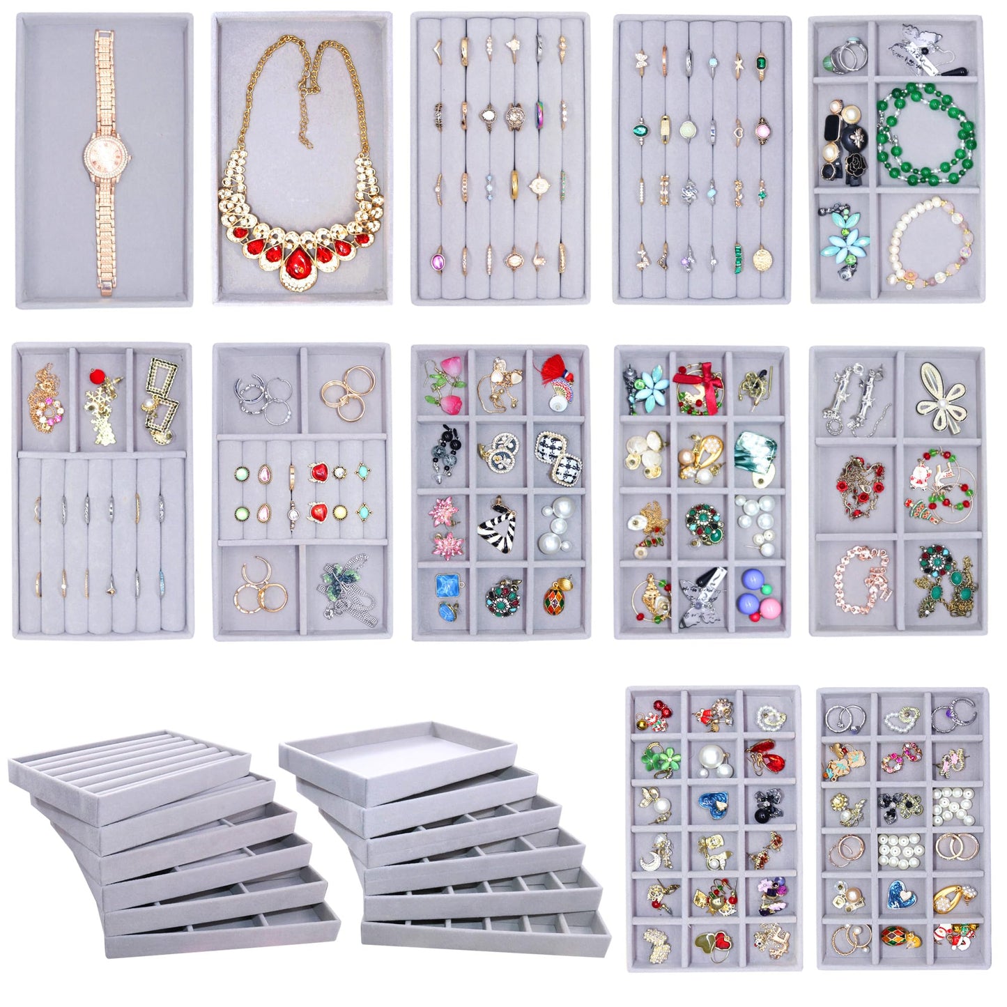 MINIBIGBOX 12 Set Jewelry Organizer Trays Stackable Jewelryy Display Case Storage Box for Earring Necklace Rings Bracelet Watch