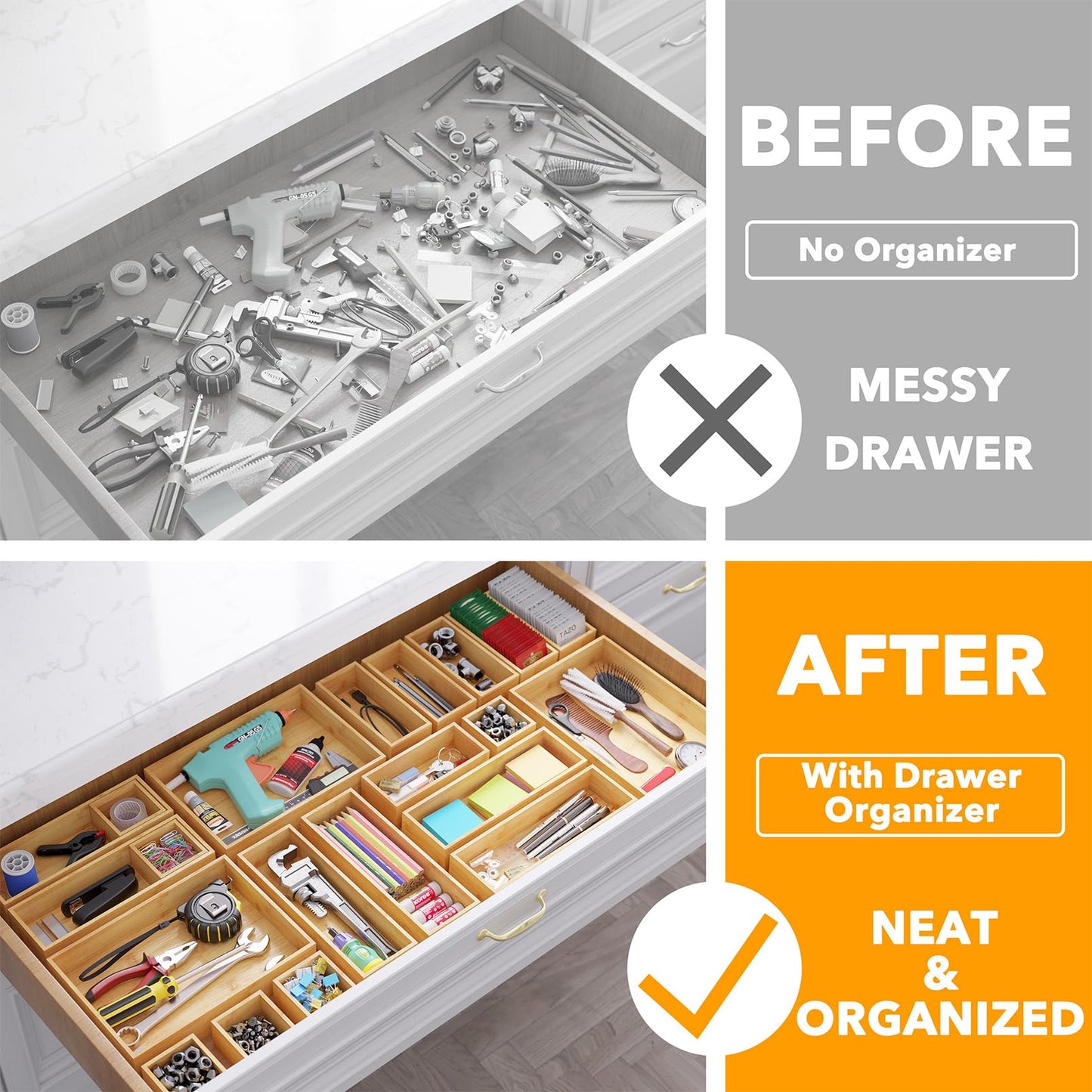 SpaceAid 21-Piece Bamboo Drawer Organizer Storage Boxes Set, Wood Tray Junk Drawer Organizers Multi-Use Divider Bins for Kitchen, Bathroom, Office Desk and Makeup Organization (21 Pack, Natural)