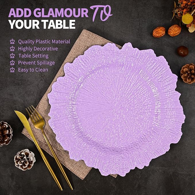50 Pcs Lavender Charger Plates Bulk 13 Inch Plastic Charger Plates for Dinner Plate, Lavender Chargers for Table Setting, Reef Design Plate Floral Decorative Round Chargers for Wedding Party, Event