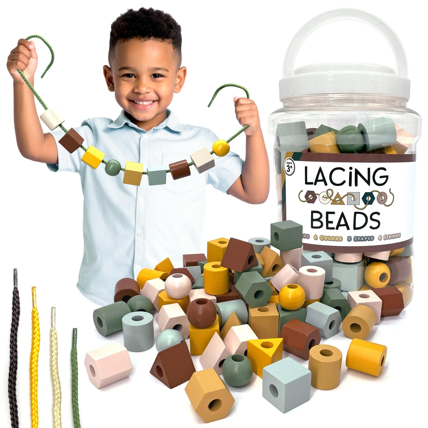 LMC Products Wooden Lacing Beads & Strings 125 Pieces, Fine Motor Skills Toys for 3 Year Old, Boho Colors