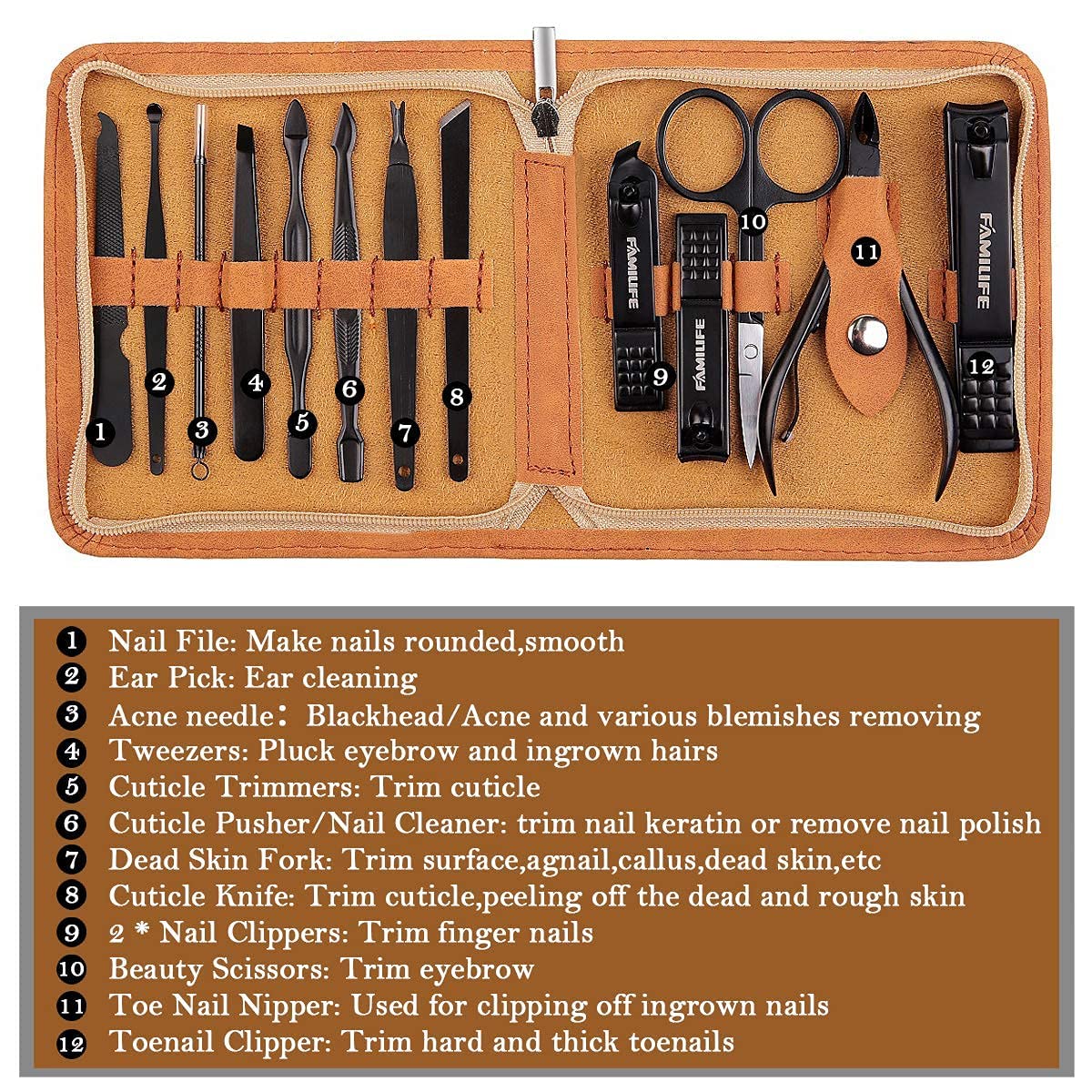 FAMILIFE 13pcs Stainless Steel Manicure Set And L07 100% Stainless Steel Ingrown Toenail File and Lifter Double Sided with Storage Case
