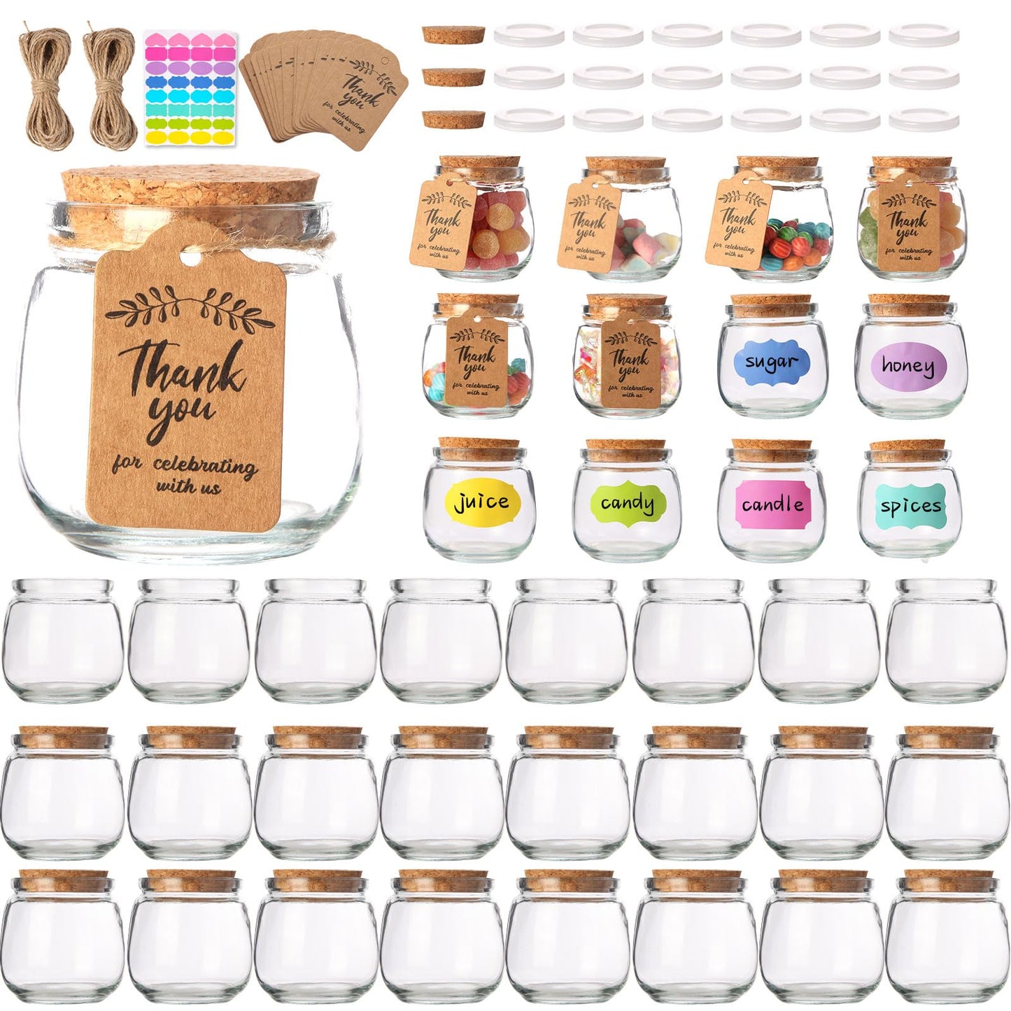 AIXIANG 20 Set 7oz Glass Jars with Cork Lid & Airtight Seal - Rustic Wedding Favors, Baby Shower Gifts, Candy & Spice Storage - Includes Twine, Labels (Multi-Purpose, Eco-Friendly)