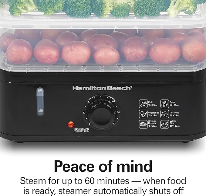 Hamilton Beach Electric Food Steamer, Rice Cooker & Egg Boiler for Quick, Fast Healthy Cooking with Stackable Three-Tier Bowls for Vegetables and Seafood, 9.5 Quarts, Black (37430)