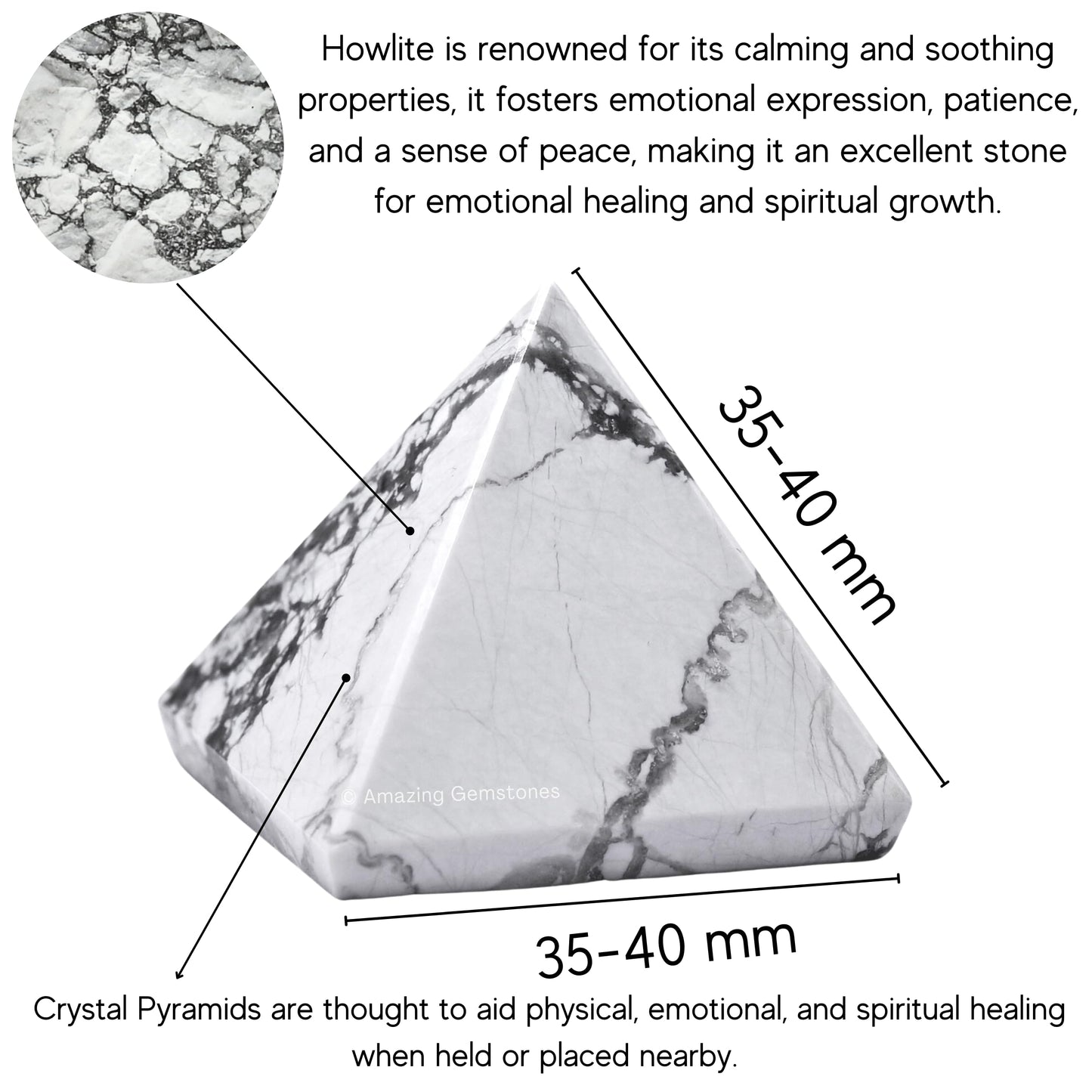 Amazing Gemstone Howlite Pyramid Crystal Healing Stones - 1.5" Great Pyramid Figurine of Natural Stone Pyramid for Meditation, Reiki, Chakra Balancing and Crystal Pyramids Grid