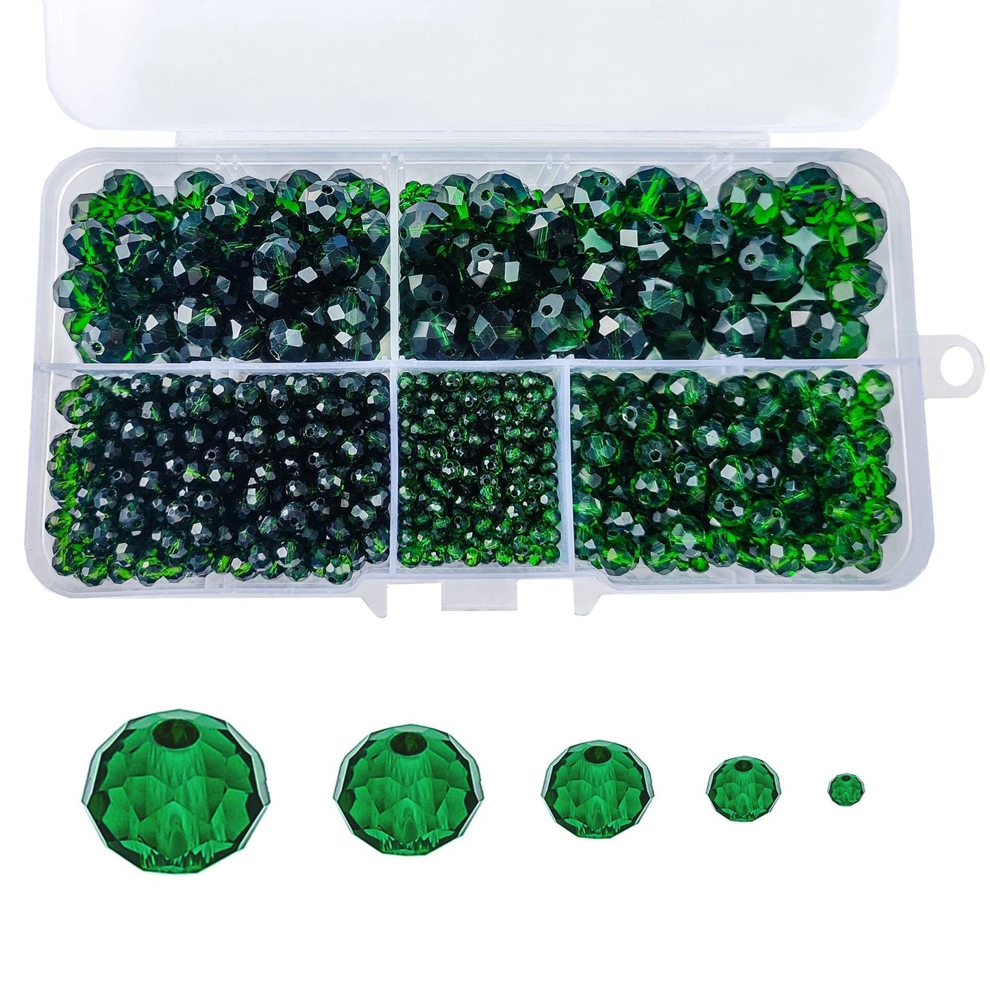 JEBBO 1000pcs Green Rondelle Crystal Glass Beads 2mm 4mm 6mm 8mm 10mm Mixed Sizes, Faceted Briolette Crystal Glass Spacer Beads for Jewelry Making with Container Box