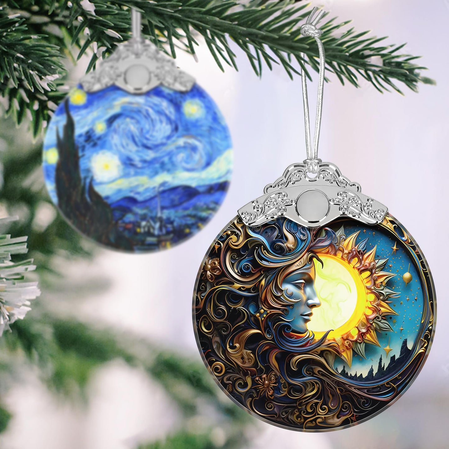 Sun Moon Stained Glass Hanging Ornament - Christmas Tree Decoration Idea