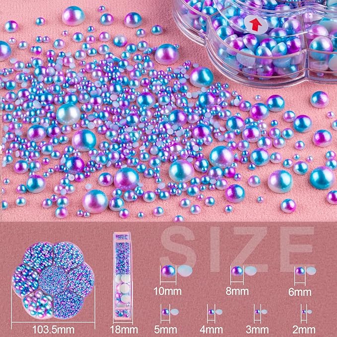 Nail Art Flat Back Half Round Pearl Kits 19, 1 Box of 6000 Pcs Flat-Back Blue Mermaid Pearl with Tweezer and Picker Pencil for Home DIY Nails Body Face Craft and Salon Use