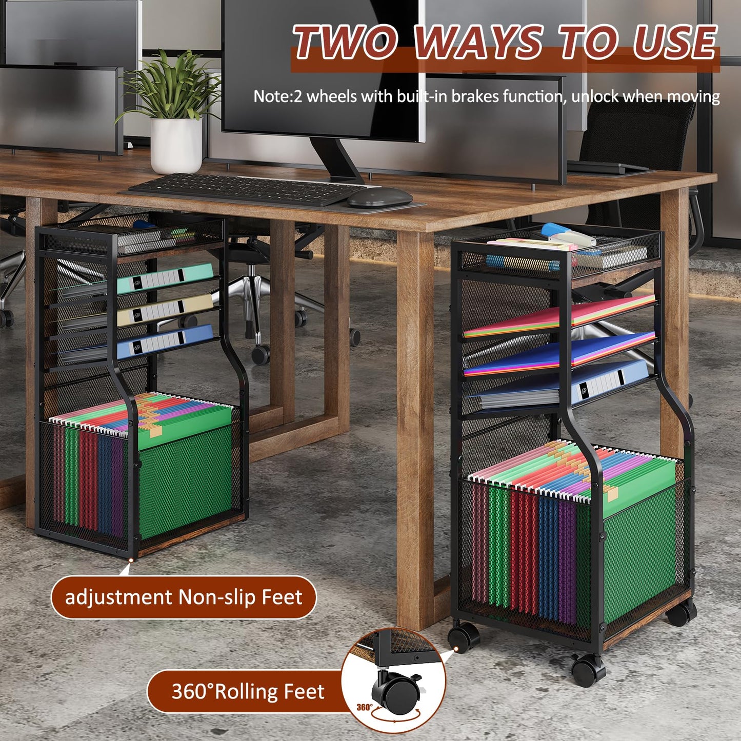 5-Tier Rolling File Cart with Lockable Wheels, Mobile Desk File Organizer Hanging File Folders Paper Letter Sliding Trays, Black Wood & Mesh Hanging Folder Drawer Organization for Office, Home, School