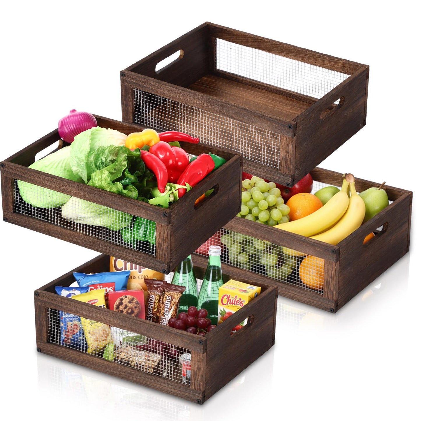 4 Pcs Wooden Countertop Baskets for Kitchen Bathroom, Easy Self-assembly Rustic Nesting Boxes with Handle and Wire Mesh, Multipurpose Wooden Crates for Fruit, Include Screws (Medium,Burnt Wood Finish)