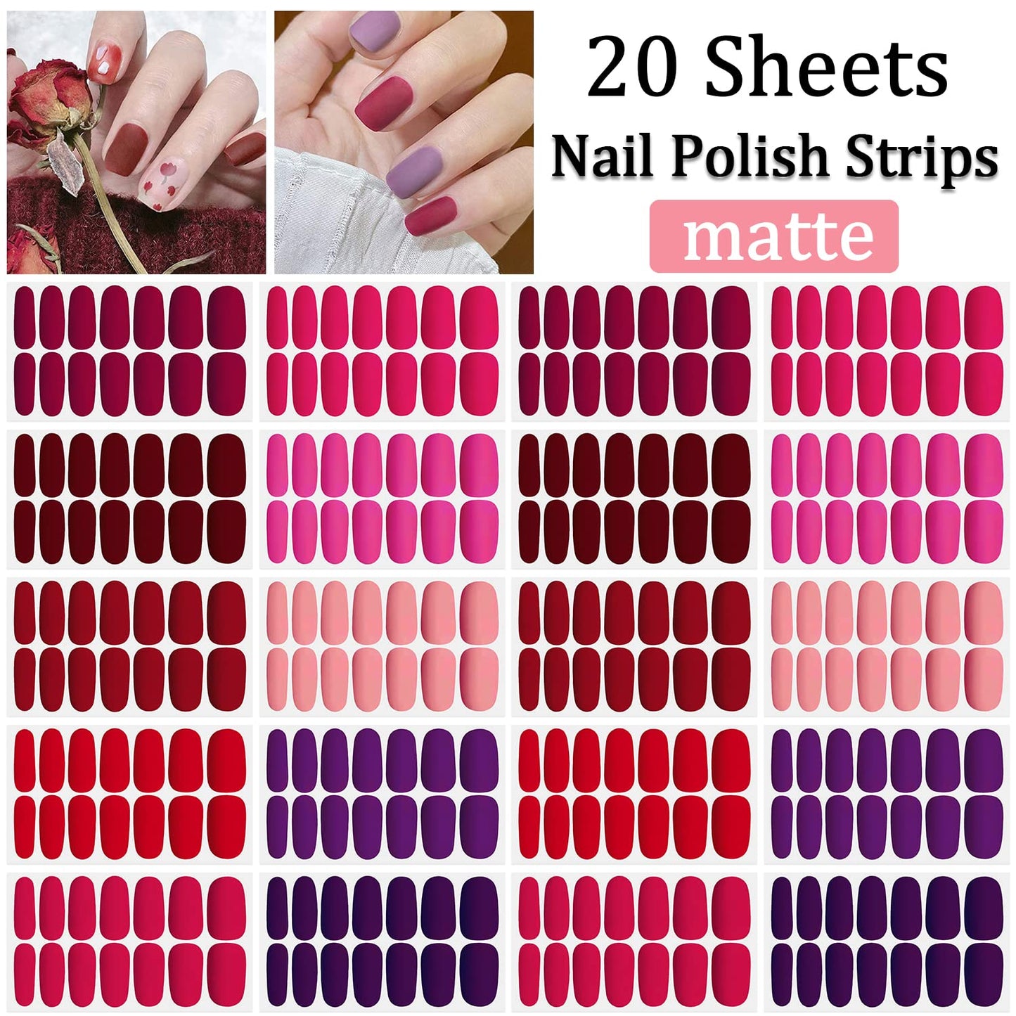 SILPECWEE Matte Nail Wraps for Women Solid Color Red Nail Polish Strips Self Adhesive Nail Sticker Polish Gel Nails Strips Fingernails Art Accessories with 1pc File (20 Sheets)