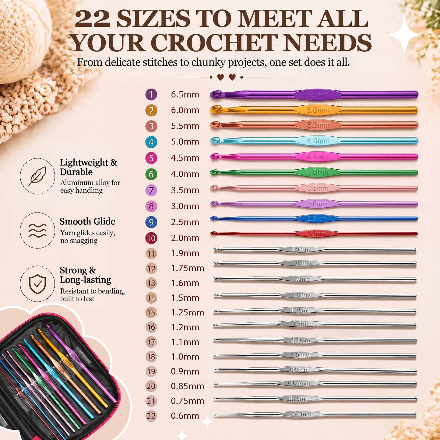 Dunkive 22-Piece Crochet Hooks Set with Case and Complete Knitting Accessories Kit, Aluminum Ergonomic Crochet Hooks, Stitch Holders, Needles & Stitch Markers for Beginners and Arthritic Hands
