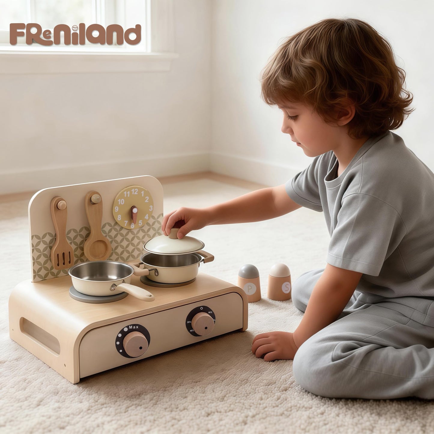 Freniland Wooden Play Kitchen for Kids – Tabletop Pretend Play Kitchen Set with Turning Knobs, Pot & Spatula – Mini Toddler Kitchen Playset for Boys & Girls Age 3+