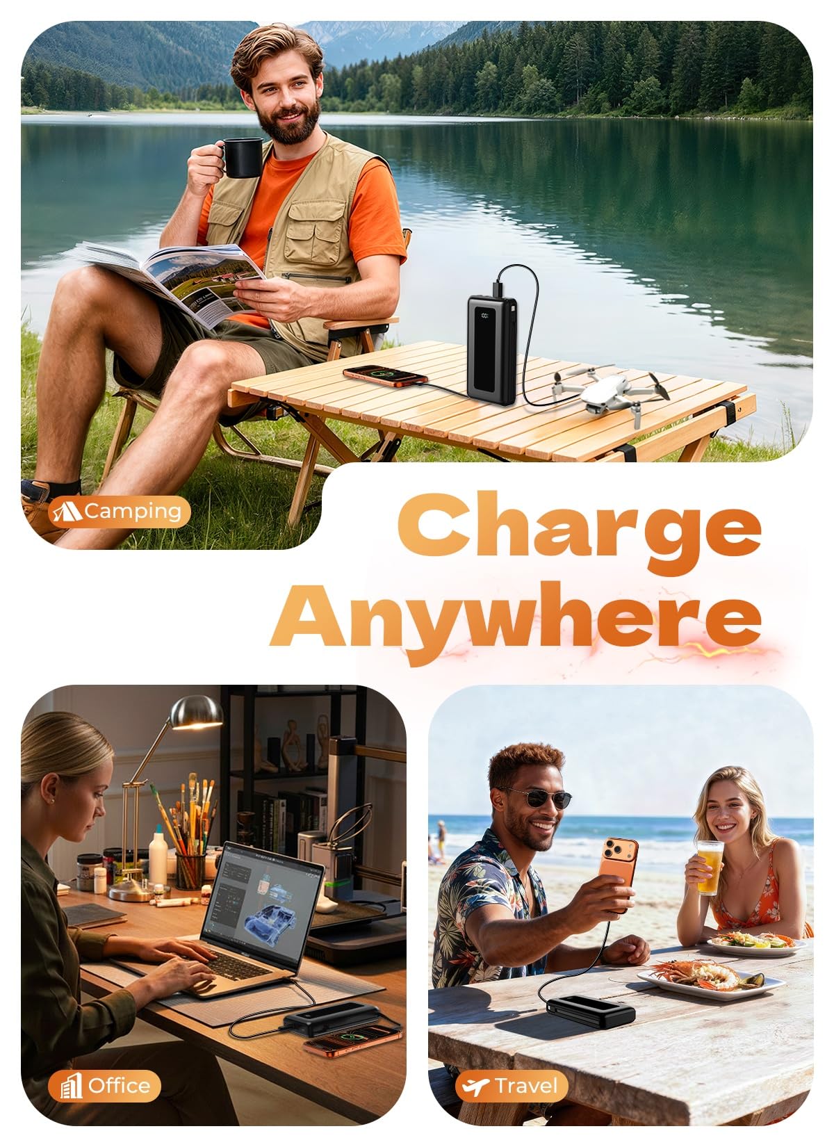 JKELAR Power Bank, 50000mAh Portable Charger, Travel Camping Essential Battery Pack with Built-in Cables, PD 22.5W Fast Charging, Large Capacity Portable Phone Charger, Jet Black