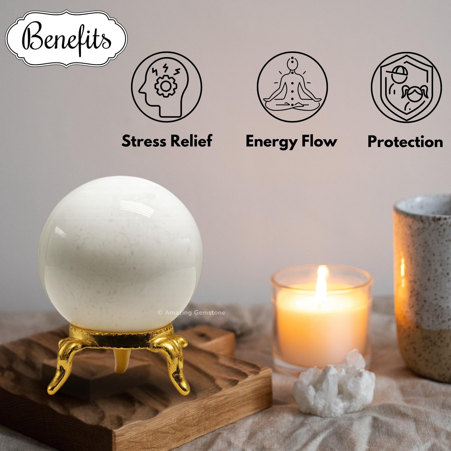 Amazing Gemstone Snow Quartz Crystal Ball with Stand - 2 Inches Crystal Sphere Meditation Balls for Witchcraft and Decorative Balls