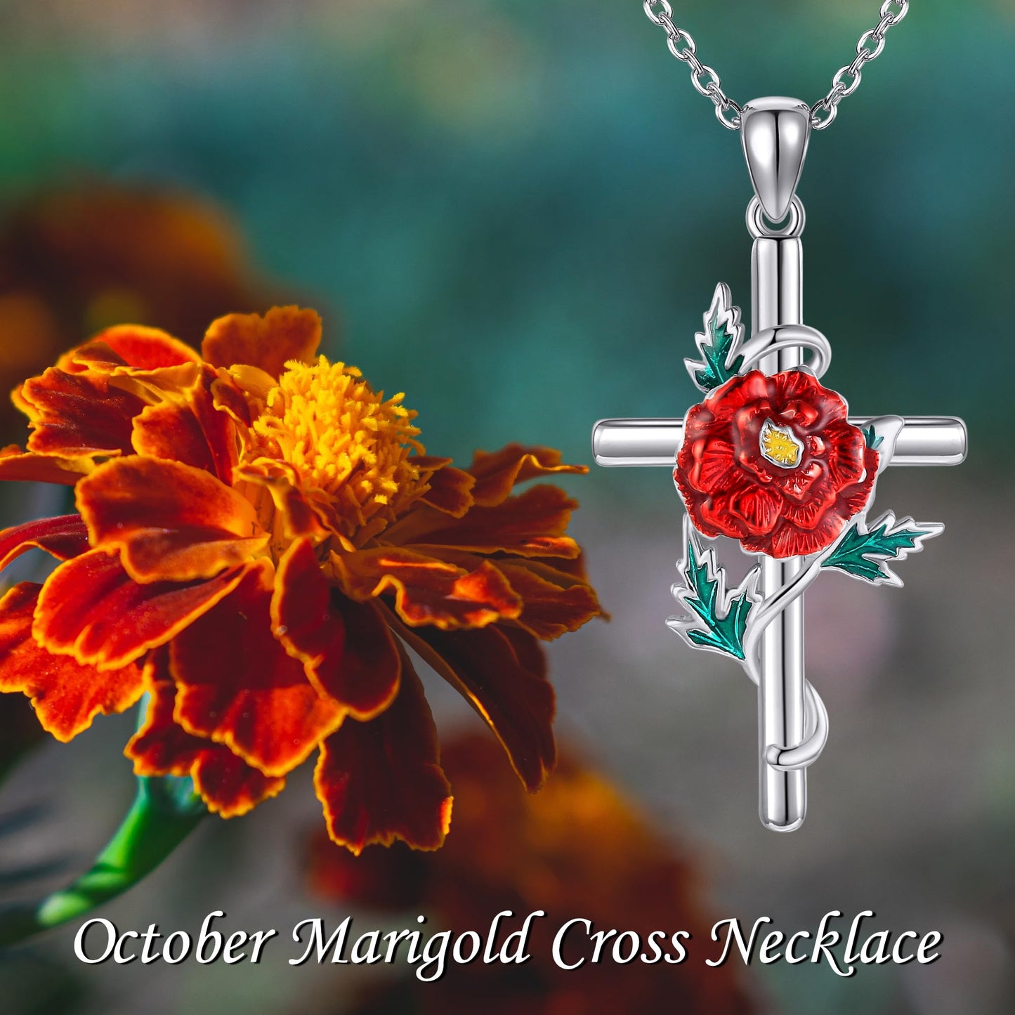 JERWLI Marigold Necklace 925 Sterling Silver Marigold Cross Pendant Necklace October Birth Flower Jewelry for Women