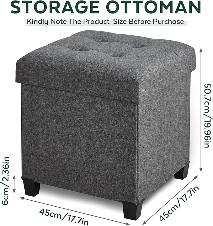 17.7" Ottoman with Storage, Square Storage Ottoman for Dorm, Linen Ottomans with Legs for Living Room, Bedroom, Gray