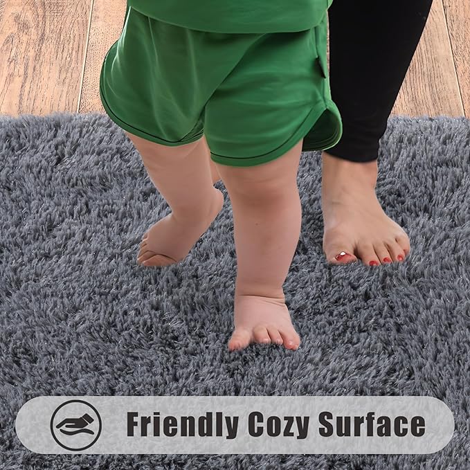 Ultra Soft Runner Rugs for Bedroom Hallways with Upgraded Non-Slip Rubber Backing & Thick Memory Sponge, 2x4 Feet Fluffy Shag Throw Area Rug for Bedside Dorm Dark Grey
