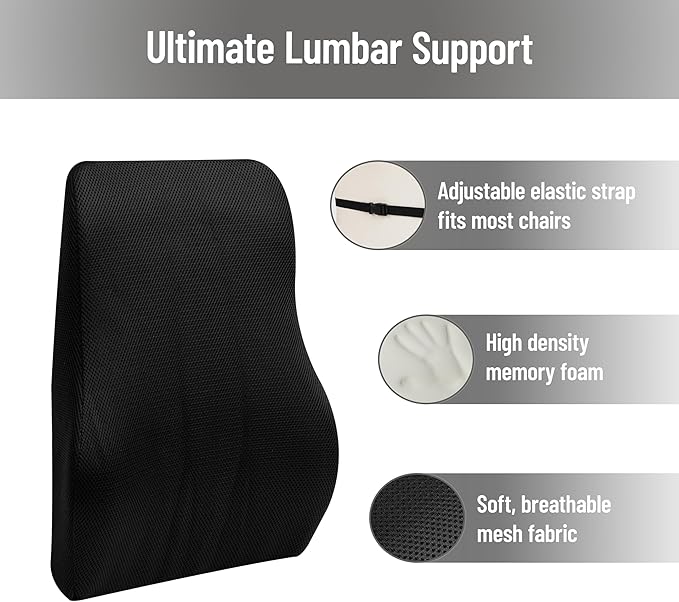 Mind Reader Lumbar Support Cushion for Office Chair and Car Seat, Memory Foam, Air-Cloud Technology, Back Pain Relief, Improves Posture, 14.5" L x 5" W x 18.5" H, Black