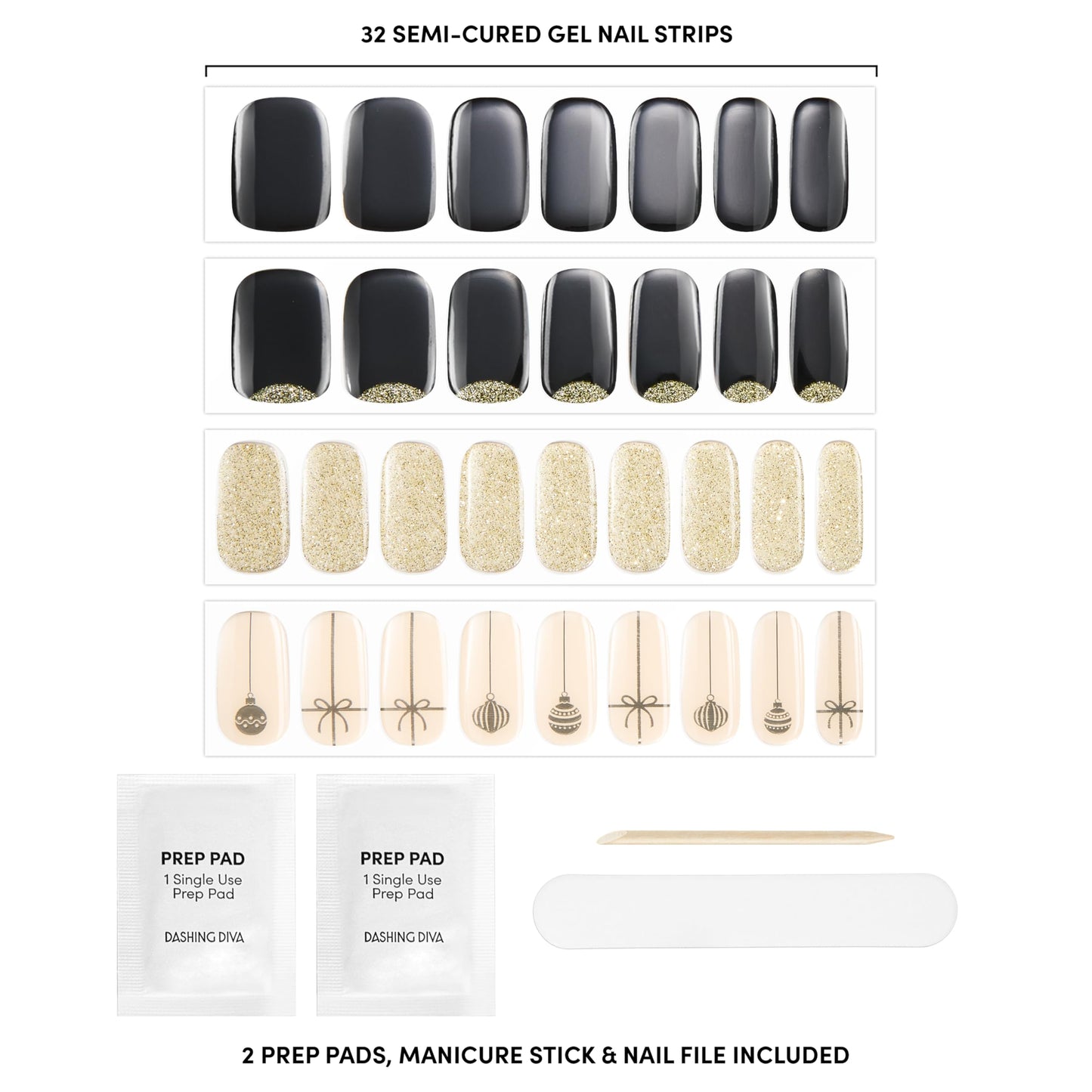 Dashing Diva Glaze Nail Strip Set - Old Gold - Long Lasting, Chip Resistant, Semi-Cured Gel Nail Strips - Gel Set - 4-Piece Manicure Kit with 32 Strips