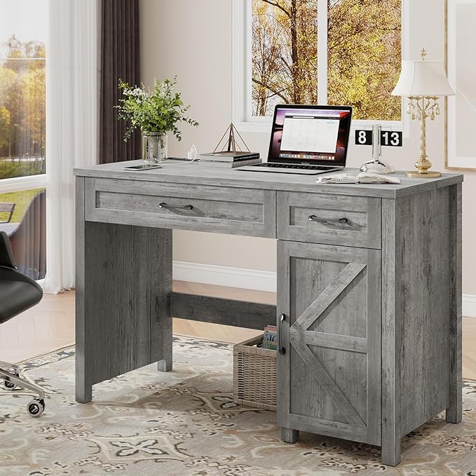 Farmhouse 47" Executive Desk, Computer Desk with Drawers and Storage Cabinet, Workstation for Home Office and Study.(Grey)