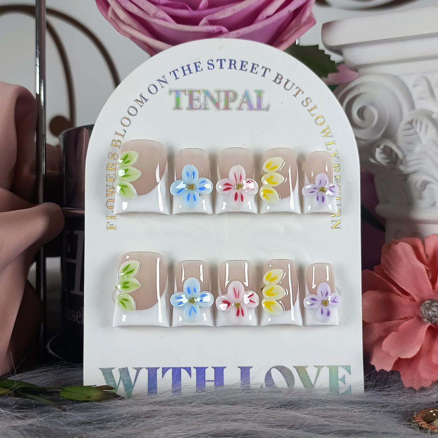 TENPAL Handmade Duckbill Press on Nails Kits with Tools- White French Tips Fake Nails with 3D Embossed Florals, Glossy Acrylic Soft Gel Removable False Nails for Women Daily Wear(S)