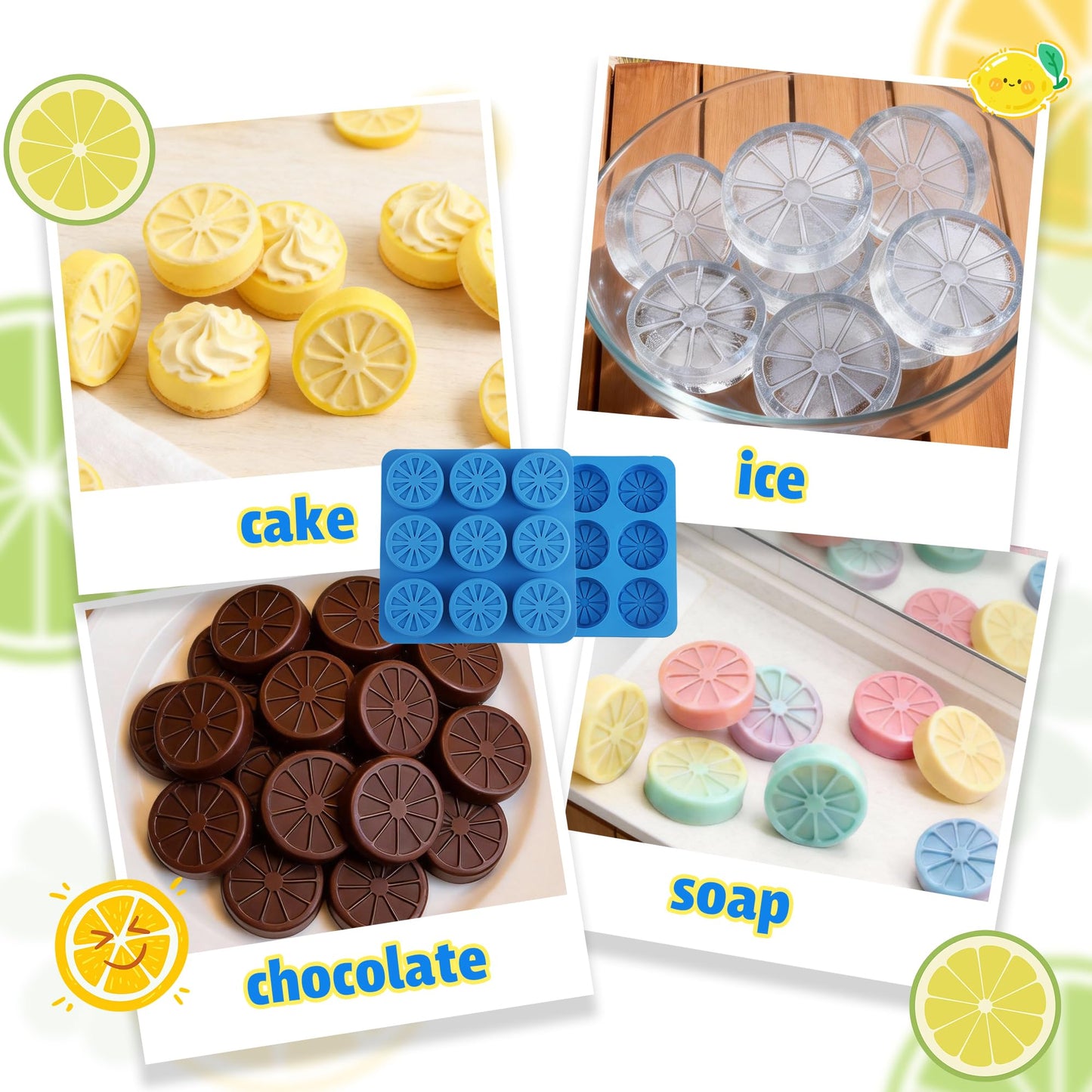 Sidosir 2Pcs Lemon Ice Chocolate Silicone Molds, 9 Cavity Non-Sticking Fruit Shaped Silicone Ice Molds for Making Chocolate Cupcake and Jelly, 3D Ice Lemon Mold for Daily Baking, Ice and Candy Making