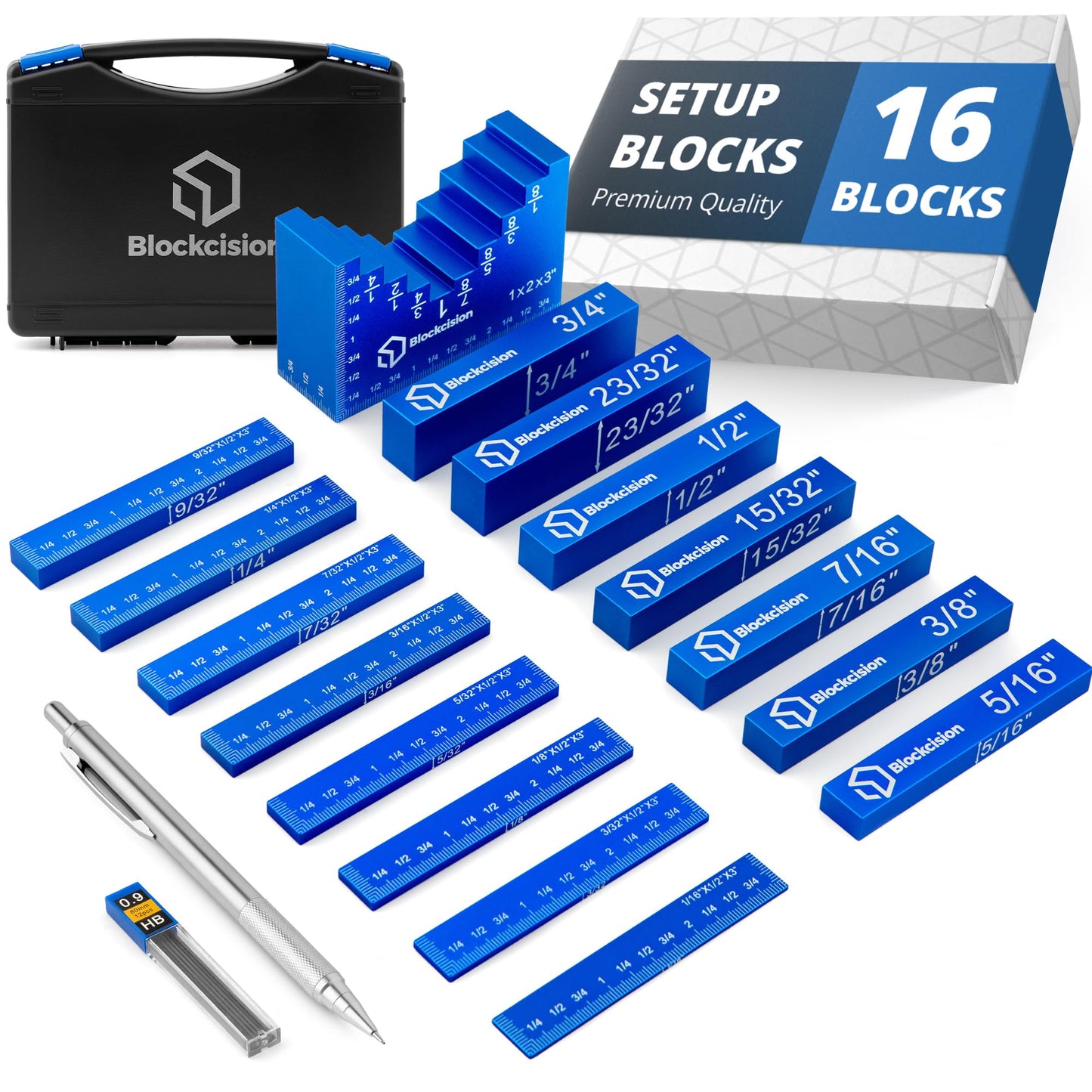 ELEON Blockcision Setup Blocks Woodworking Tools 16 PCS - Height Gauge Set with Easy Spacer Block - Stepped Level Design - Precision Ruler-Marked Setup Bars for Router Table Saw Accessories with Case
