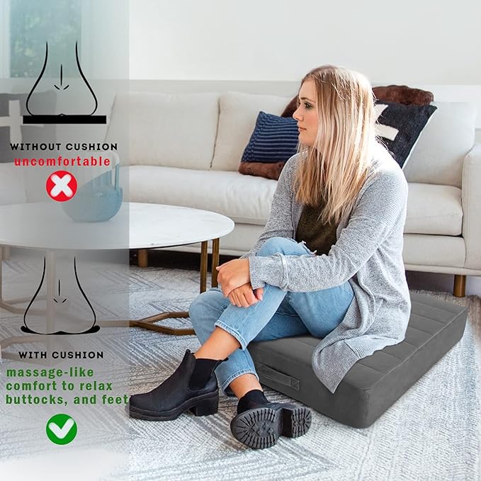 MeMoreCool Floor Pillow 22"x22" – Tufted Meditation Cushion with Foam Core, Grey Washable Cover & Handle | 5" Thick Firm Foam | for Adults, Kids, Yoga, Tatami, Pet Seating