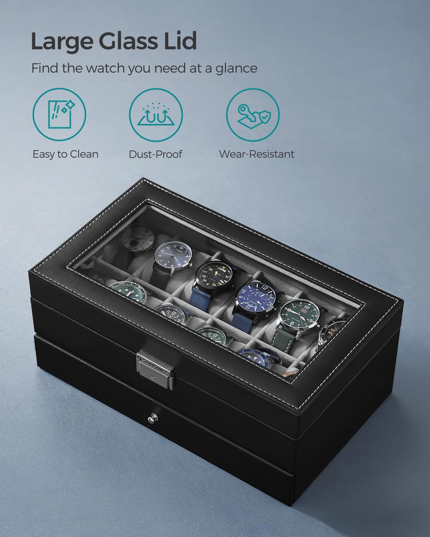 SONGMICS Watch Box, 12-Slot Watch Case Organizer with Large Glass Lid, 2 Layers, Removable Pillows, Metal Lock, Gift for Loved Ones, Black Synthetic Leather, Gray Lining UJWB012
