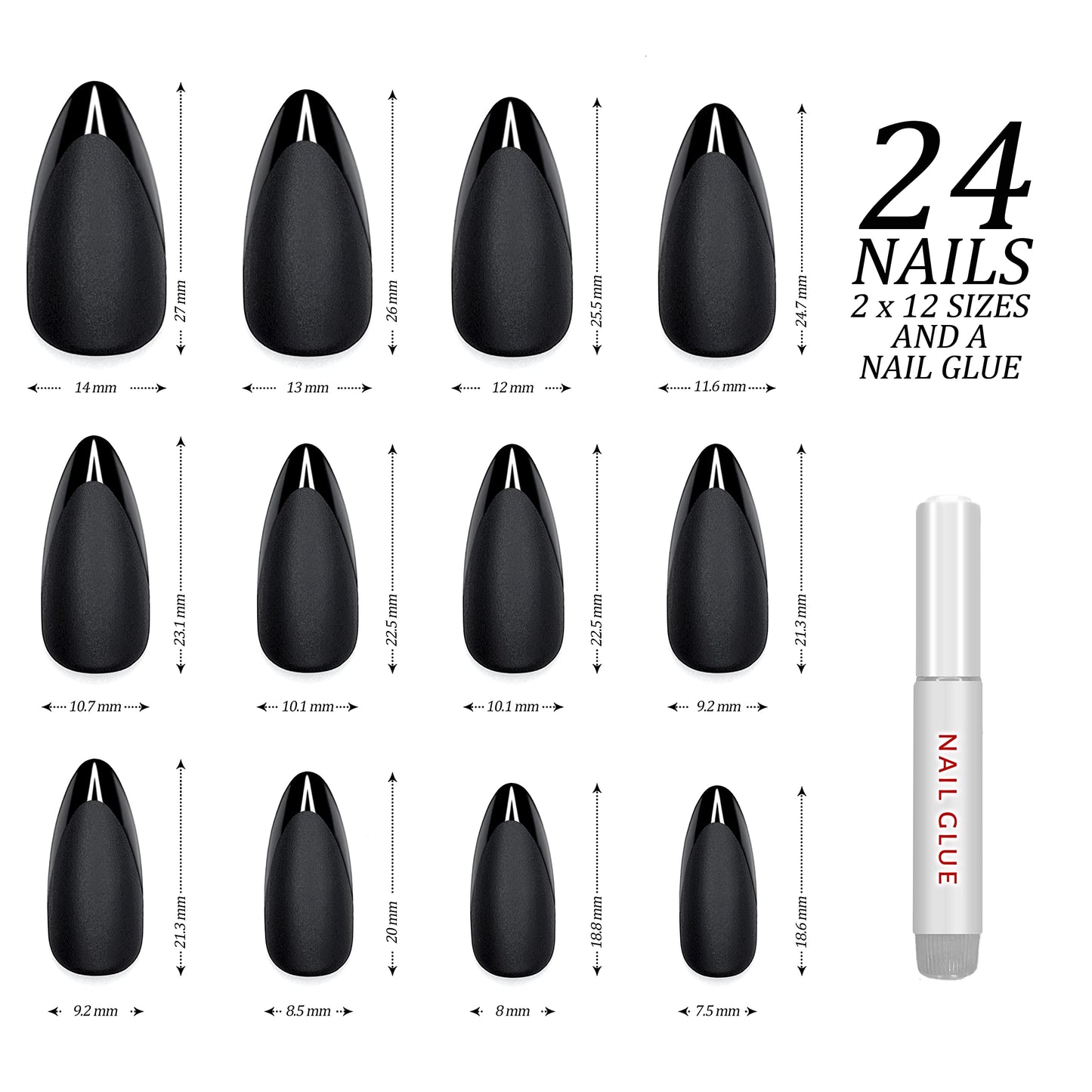 Hypnaughty Press On Nails - Caviar Black Almond & Noir Matte Black Coffin, Trendy & Salon Quality Reusable Nails With Kit