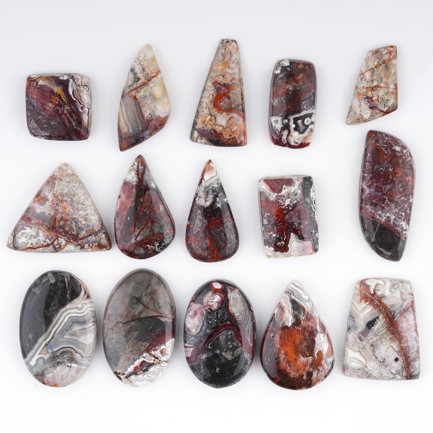 GemSymphony Natural Crazy Lace Agate Gemstone Cabochon Pack of 3 Mixed Shapes – Polished Crystal Stones for Jewelry Making Supply, Healing, Reiki & DIY Crafts, Natural Gem Cab Set for Wire Wrapping (10-20 mm)