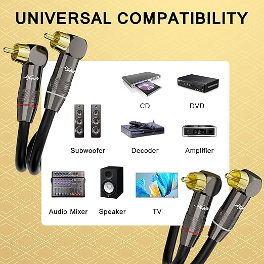 Right Angle RCA Cable 10 FT, 90 Degree 2RCA to 2RCA Stereo Audio Cable, Zinc Alloy Shell, Gold-Plated Plug, 2 RCA Audio Cord, for Home Theater, Subwoofer, HDTV, Amplifier, Hi-Fi System, Car, Speaker
