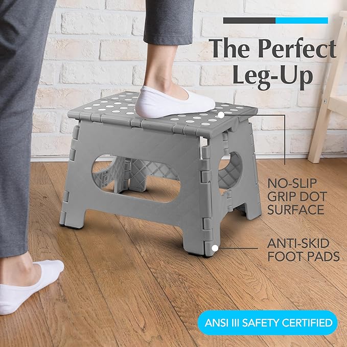 Handy Laundry Folding Lightweight Step Stool - Sturdy Enough to Support Adults and Safe Enough for Kids - Opens Easy with One Flip - Great for Kitchen, Bathroom or Bedroom (Grey - 9 Inch)
