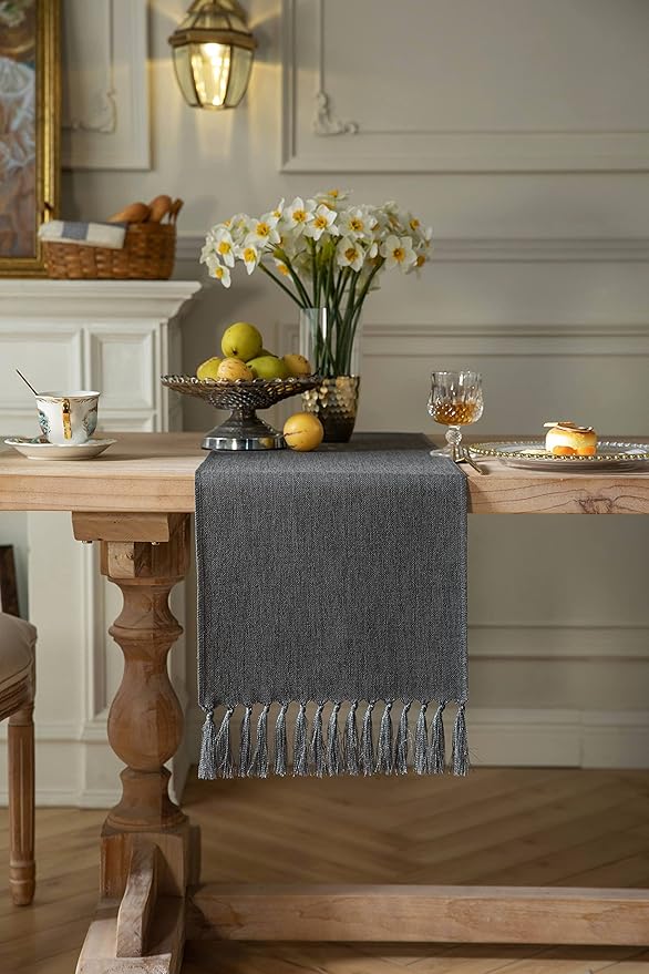 ZeeMart Graphite Grey Table Runners 72 Inches Long, Burlap Linen Style Rustic Farmhouse Table Runner, Boho Woven Dining Table Runner, 13x72 Inches, Graphite Grey